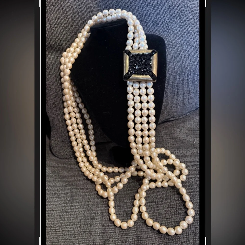 Vintage Four Strands Cream Faux Pearl Necklace W/ Black Beaded Pendant